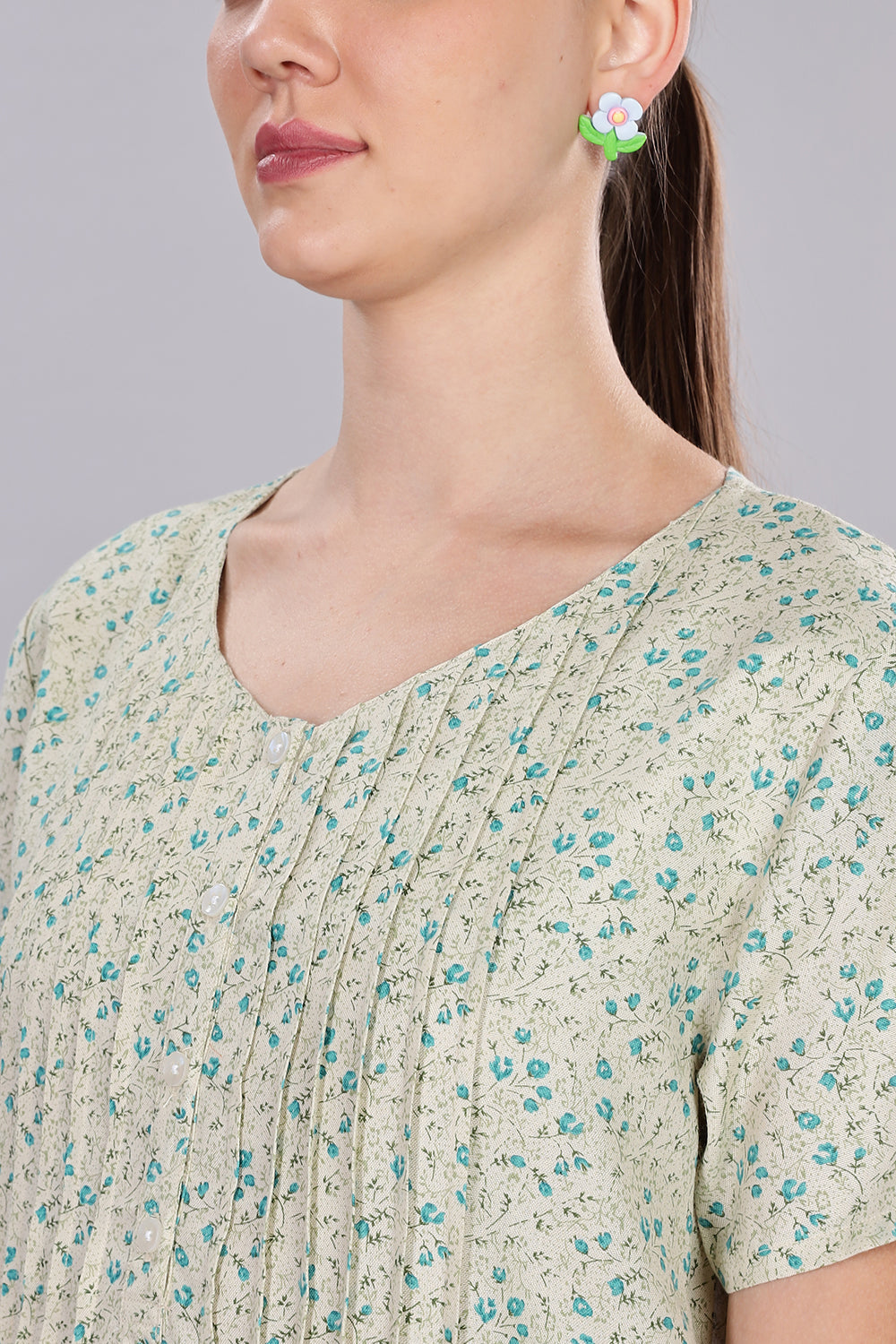 Naidu Hall Women's V-Neck A-Line Nighty with Front Button Placket and Pintuck Detailing - Light Green - NT20