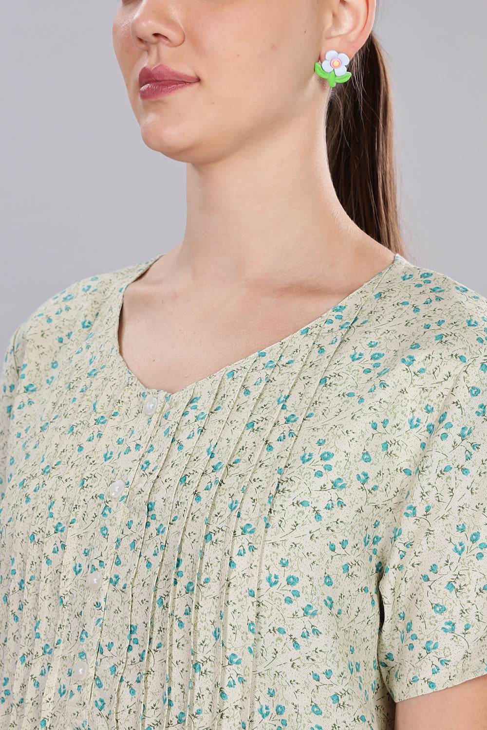 Naidu Hall Women's V-Neck A-Line Nighty with Front Button Placket and Pintuck Detailing - Light Green - NT20 - Naidu Hall Family Store