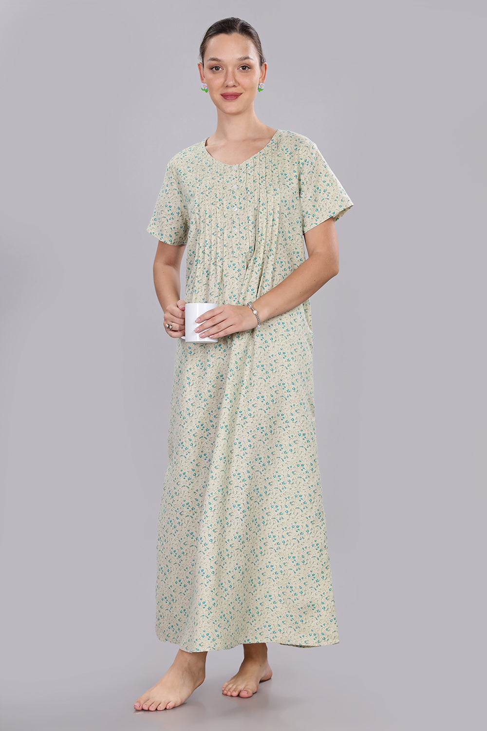 Naidu Hall Women's V-Neck A-Line Nighty with Front Button Placket and Pintuck Detailing - Light Green - NT20