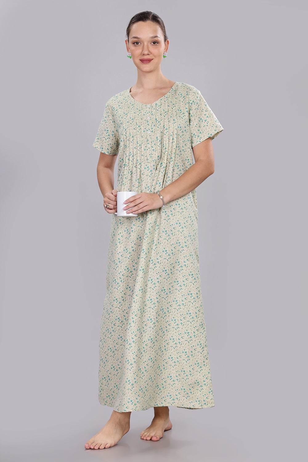 Naidu Hall Women's V-Neck A-Line Nighty with Front Button Placket and Pintuck Detailing - Light Green - NT20 - Naidu Hall Family Store