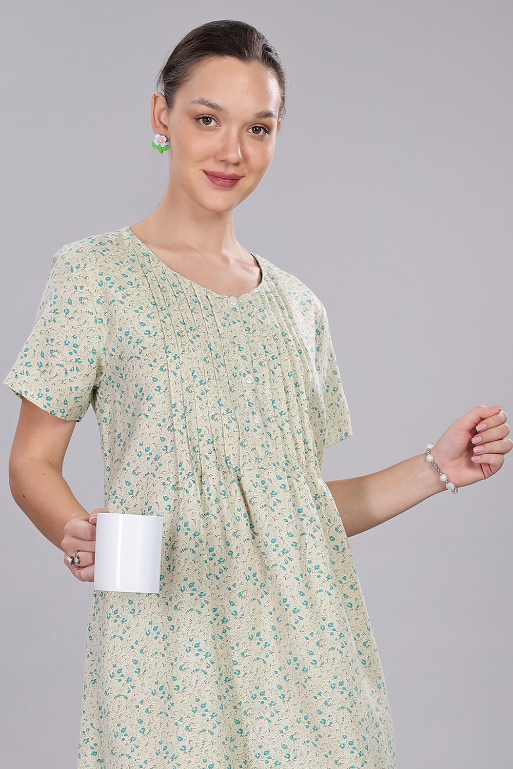 Naidu Hall Women's V-Neck A-Line Nighty with Front Button Placket and Pintuck Detailing - Light Green - NT20