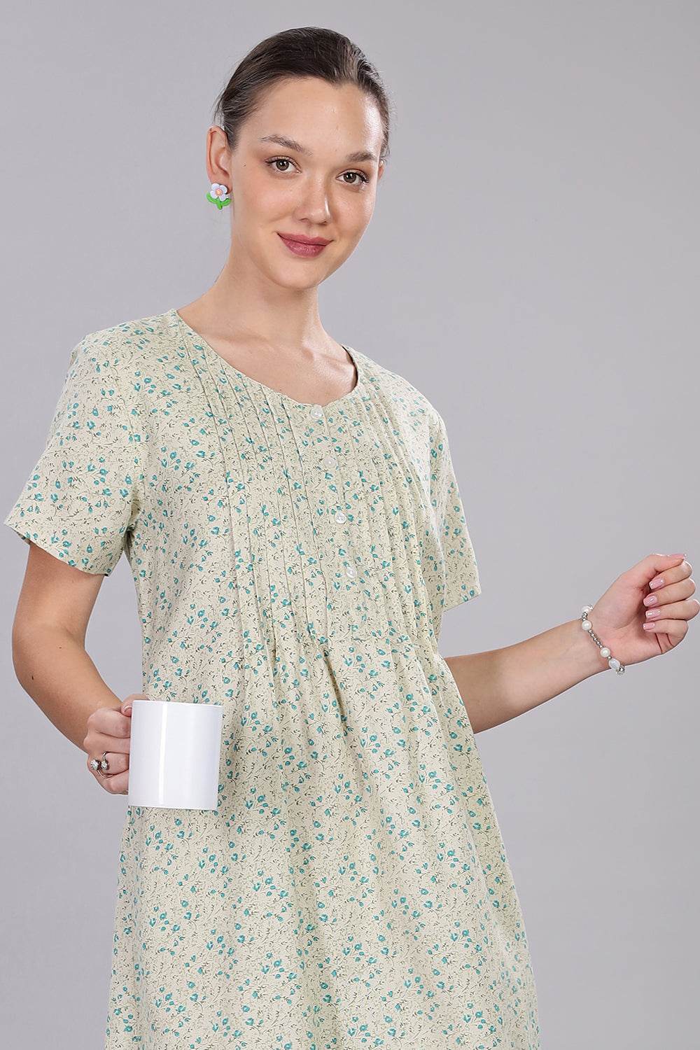 Naidu Hall Women's V-Neck A-Line Nighty with Front Button Placket and Pintuck Detailing - Light Green - NT20 - Naidu Hall Family Store