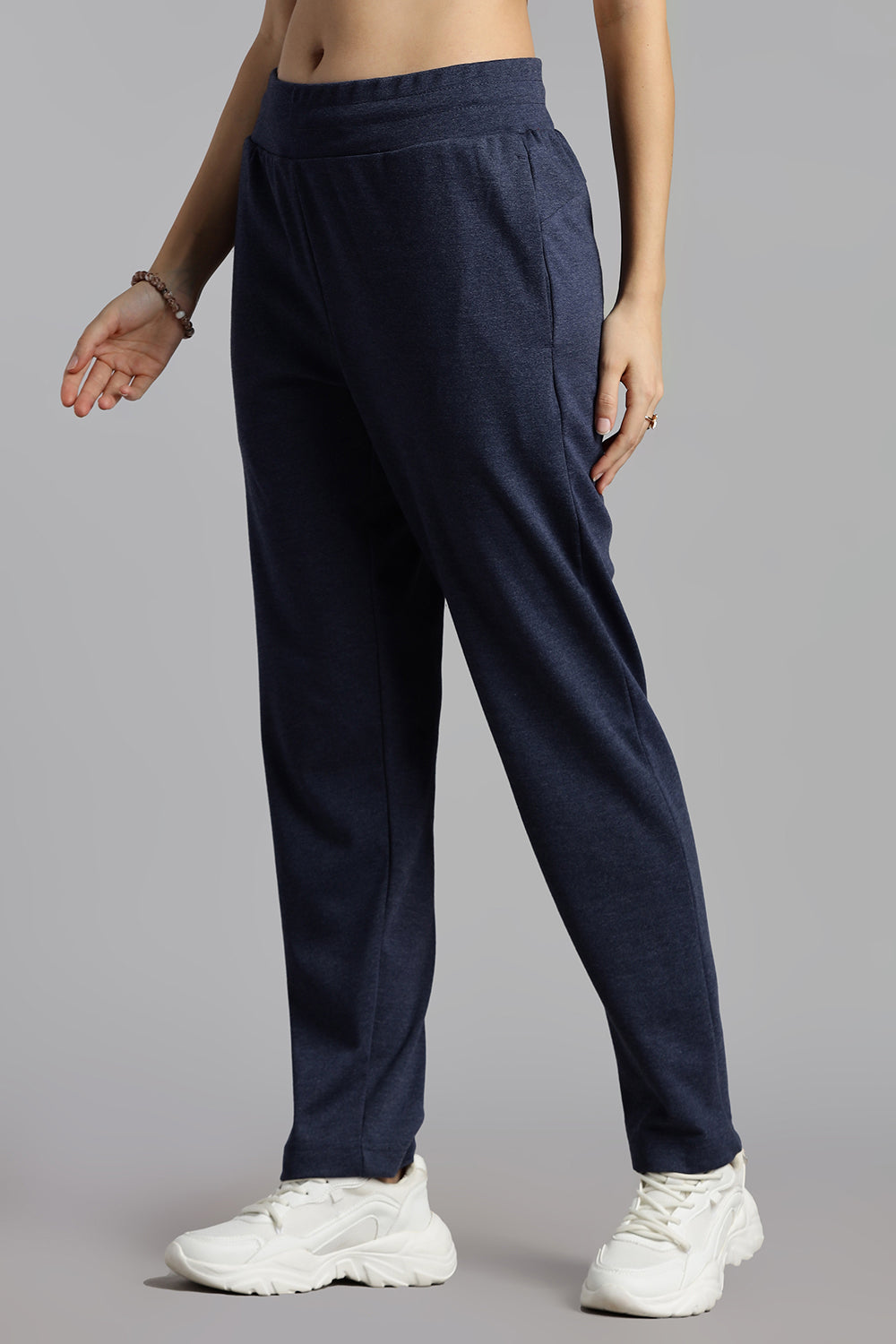 Jusperf Women’s Solid Track Pants – Cotton Rich Interlock Fabric with Side Pockets and Drawstring Waist - Navy Melange - OC01
