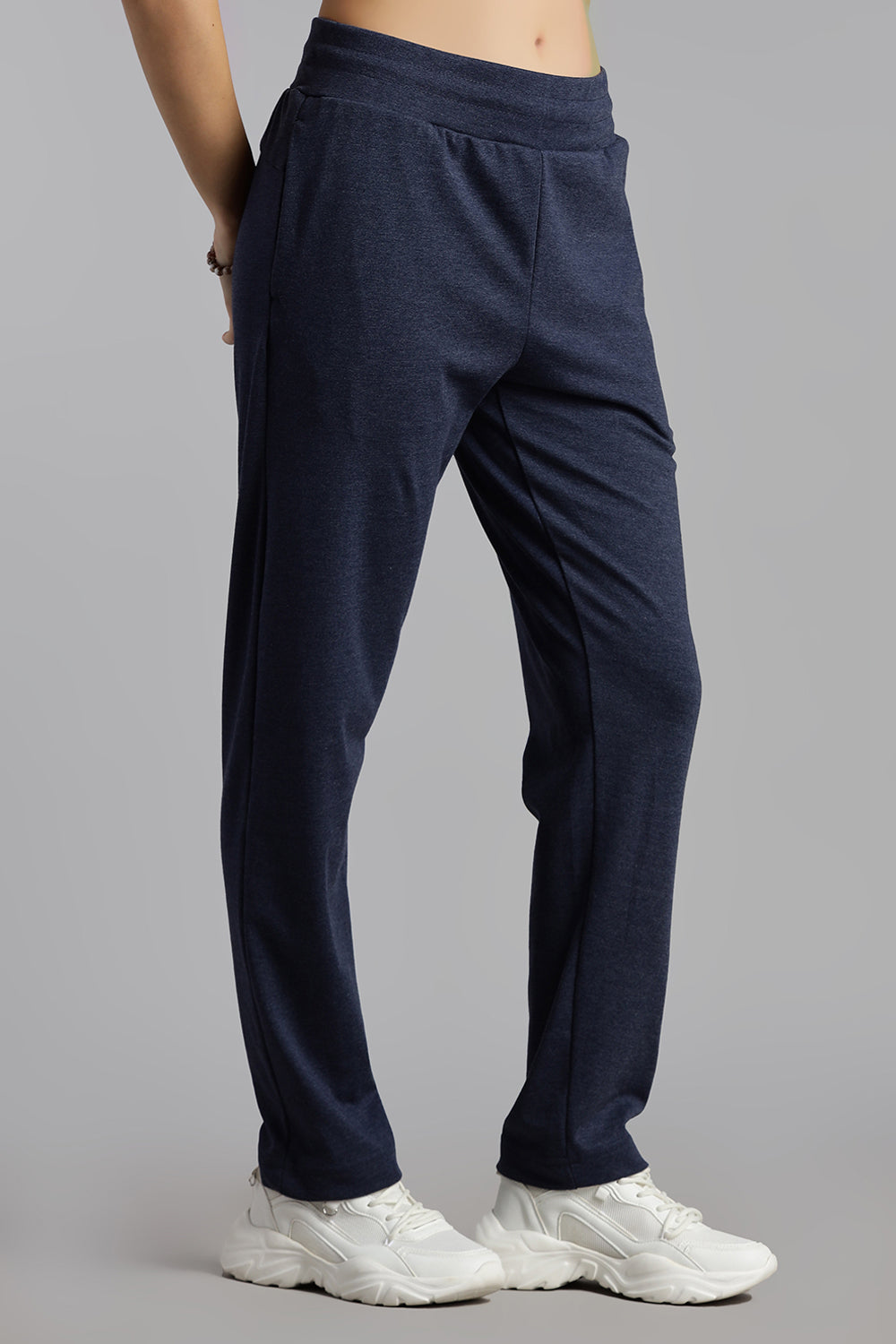 Jusperf Women’s Solid Track Pants – Cotton Rich Interlock Fabric with Side Pockets and Drawstring Waist - Navy Melange - OC01