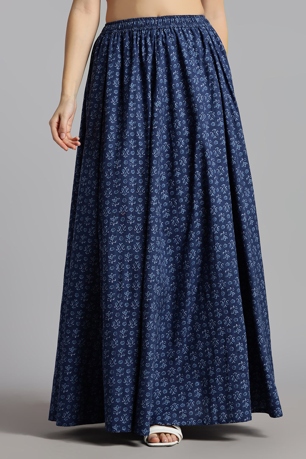 Mythri Women’s Cotton Long Skirt Without Pleats – Comfortable Everyday Ethnic Bottomwear - Denim Blue - SK05