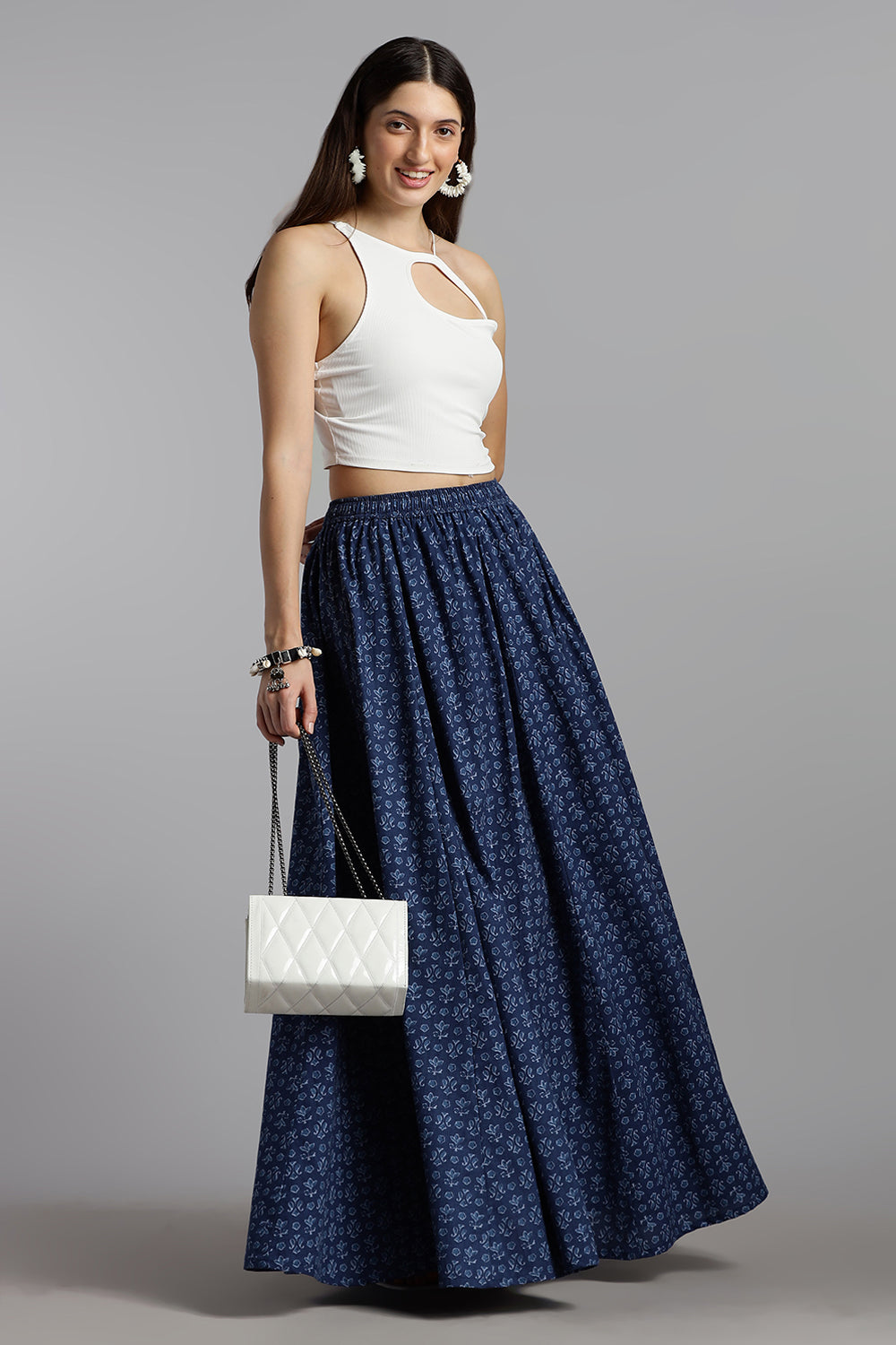 Mythri Women’s Cotton Long Skirt Without Pleats – Comfortable Everyday Ethnic Bottomwear - Denim Blue - SK05