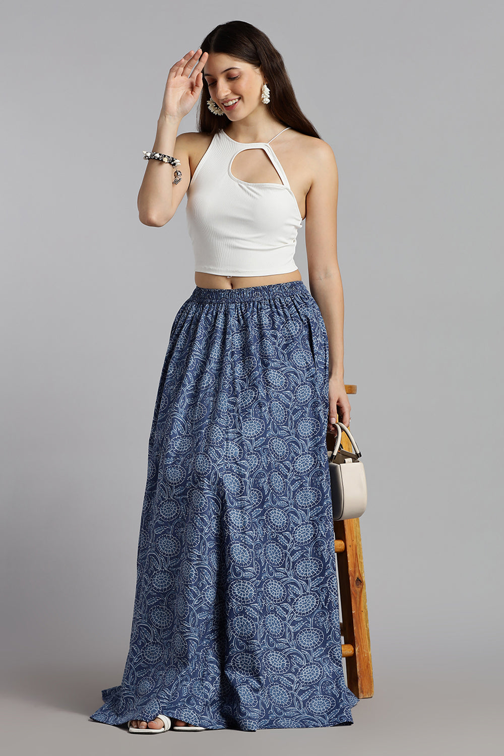 Mythri Women’s Cotton Long Skirt Without Pleats – Comfortable Everyday Ethnic Bottomwear - Light Blue - SK05
