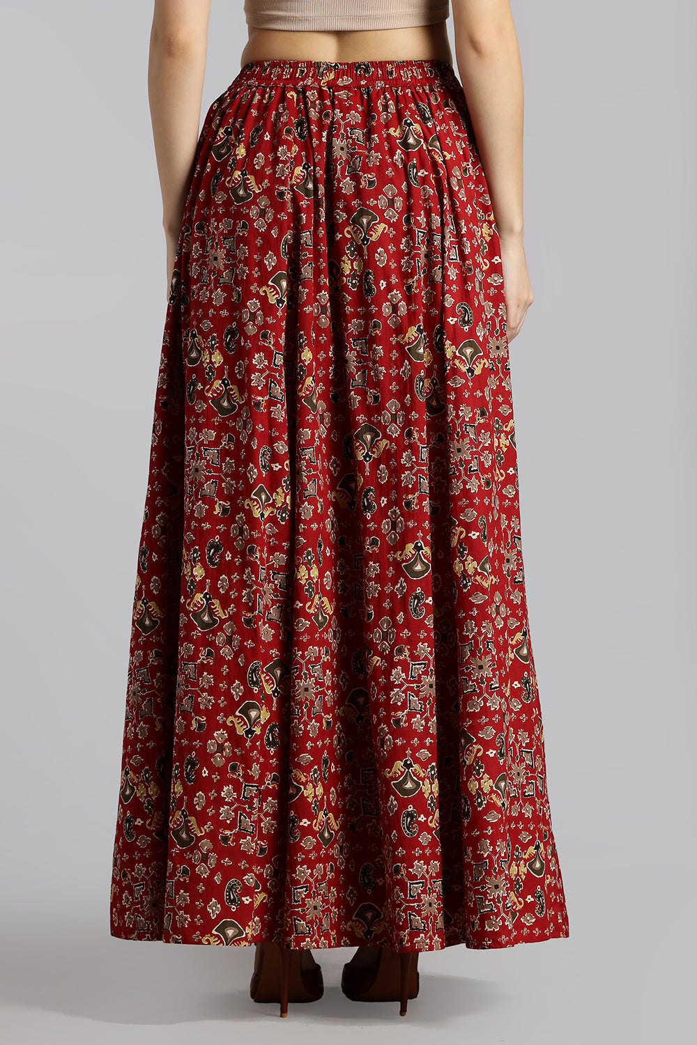Mythri Women’s Cotton Long Skirt Without Pleats – Comfortable Everyday Ethnic Bottomwear - Dark Red - SK05
