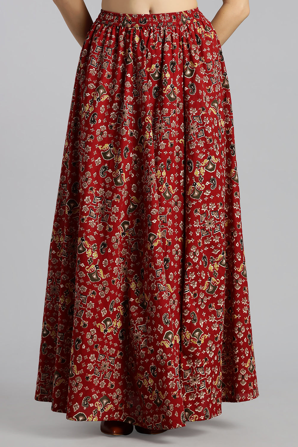 Mythri Women’s Cotton Long Skirt Without Pleats – Comfortable Everyday Ethnic Bottomwear - Dark Red - SK05