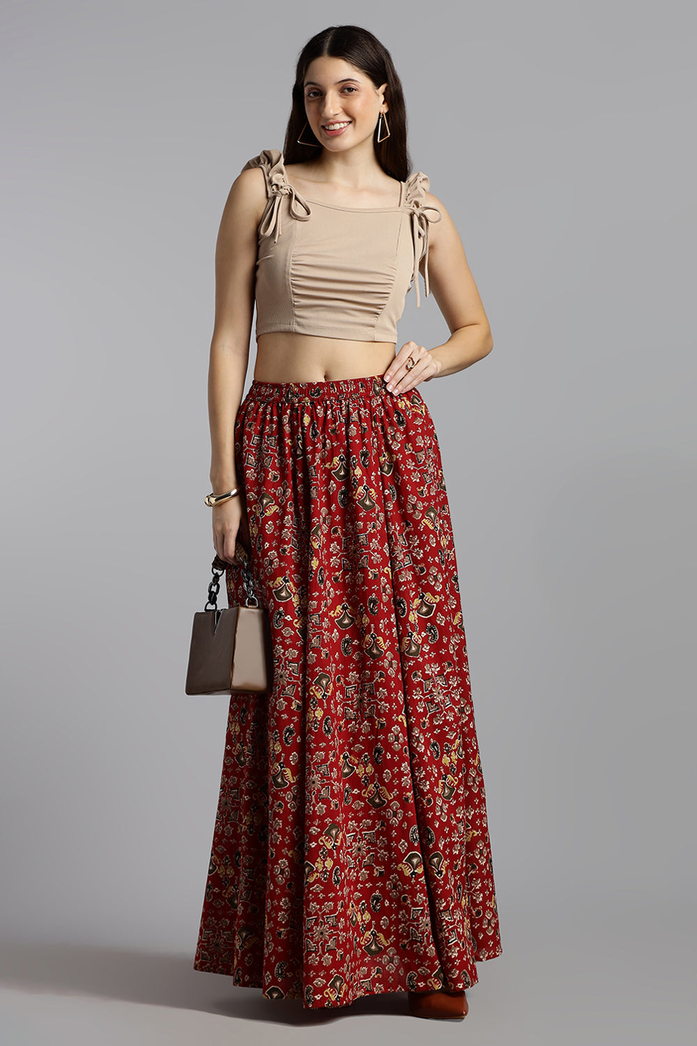 Mythri Women’s Cotton Long Skirt Without Pleats – Comfortable Everyday Ethnic Bottomwear - Dark Red - SK05