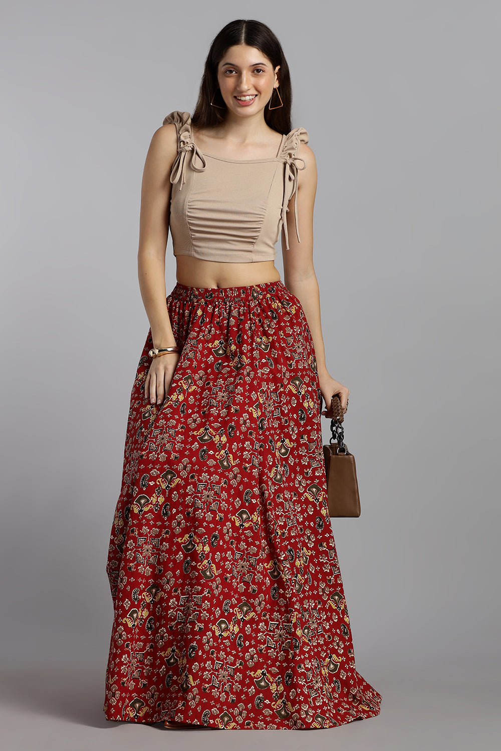 Mythri Women’s Cotton Long Skirt Without Pleats – Comfortable Everyday Ethnic Bottomwear - Dark Red - SK05