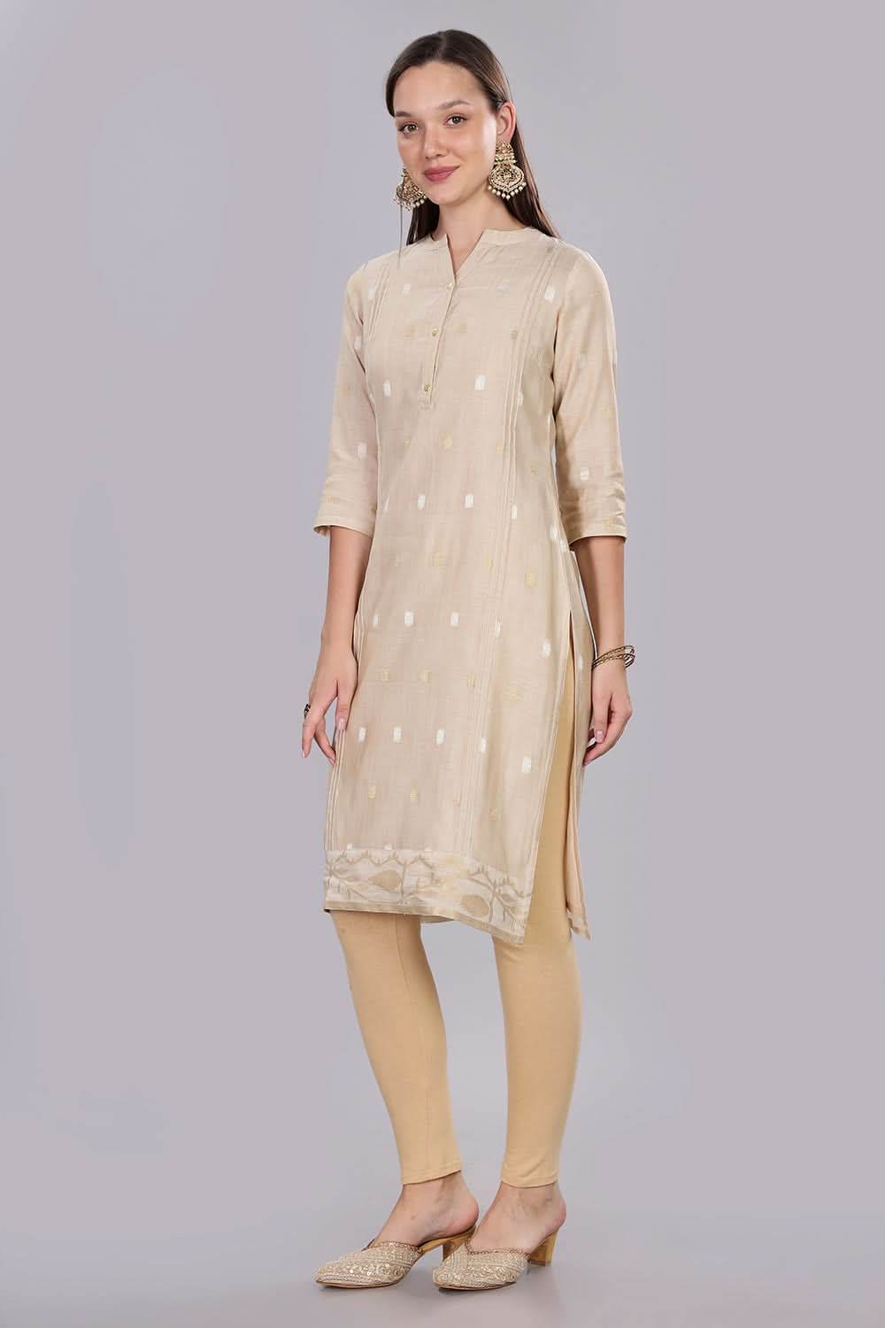 Mythri Comfortable Daily Wear Pintuck Top with Roll-Up Sleeves and Button Closure - Beige - KU63 - Naidu Hall Family Store