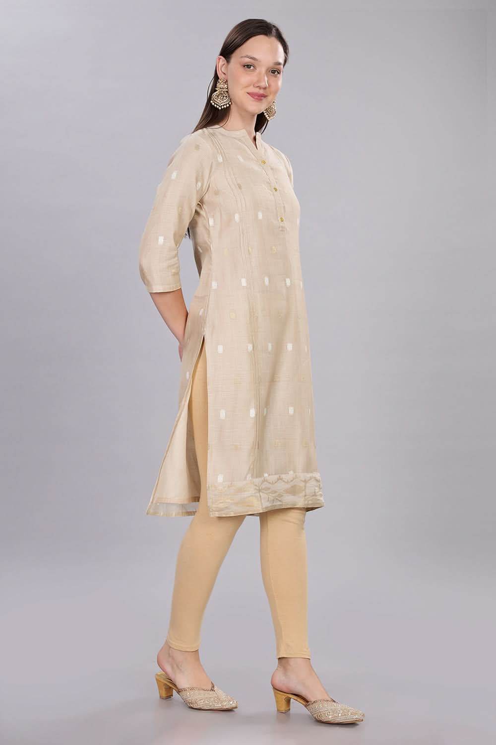 Mythri Comfortable Daily Wear Pintuck Top with Roll-Up Sleeves and Button Closure - Beige - KU63 - Naidu Hall Family Store