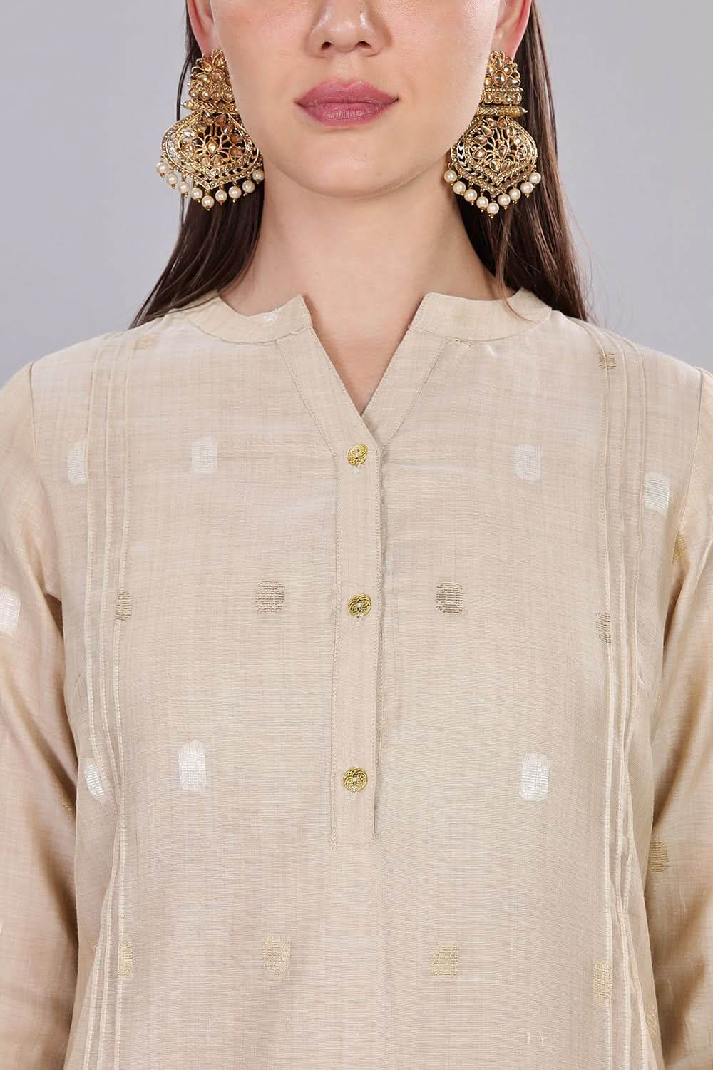 Mythri Comfortable Daily Wear Pintuck Top with Roll-Up Sleeves and Button Closure - Beige - KU63 - Naidu Hall Family Store