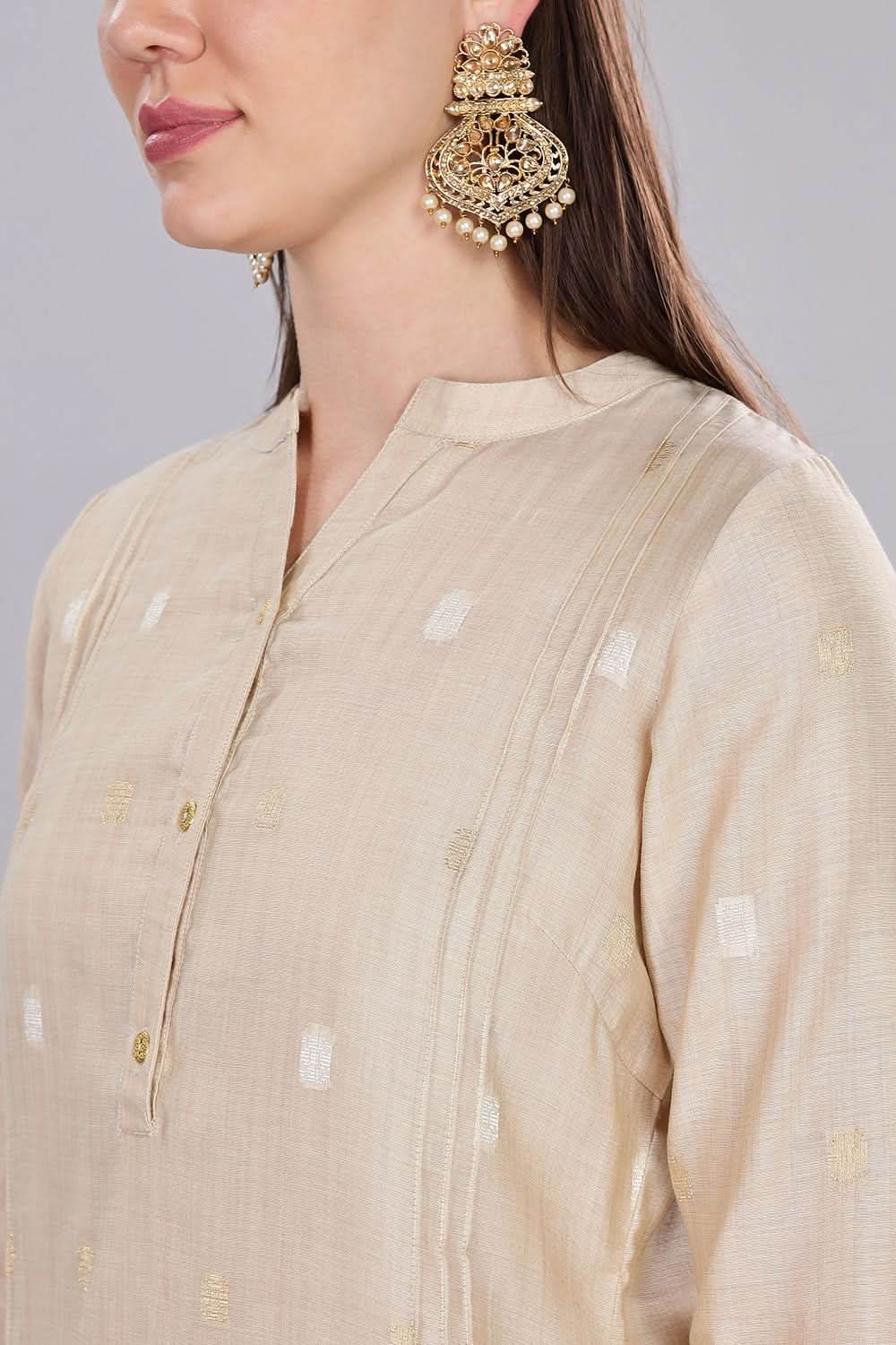 Mythri Comfortable Daily Wear Pintuck Top with Roll-Up Sleeves and Button Closure - Beige - KU63 - Naidu Hall Family Store