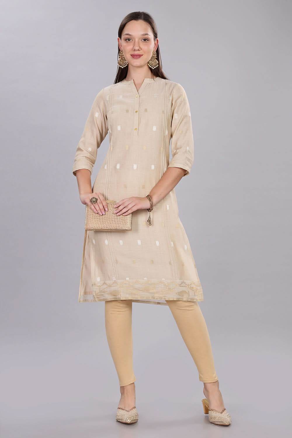 Mythri Comfortable Daily Wear Pintuck Top with Roll-Up Sleeves and Button Closure - Beige - KU63 - Naidu Hall Family Store