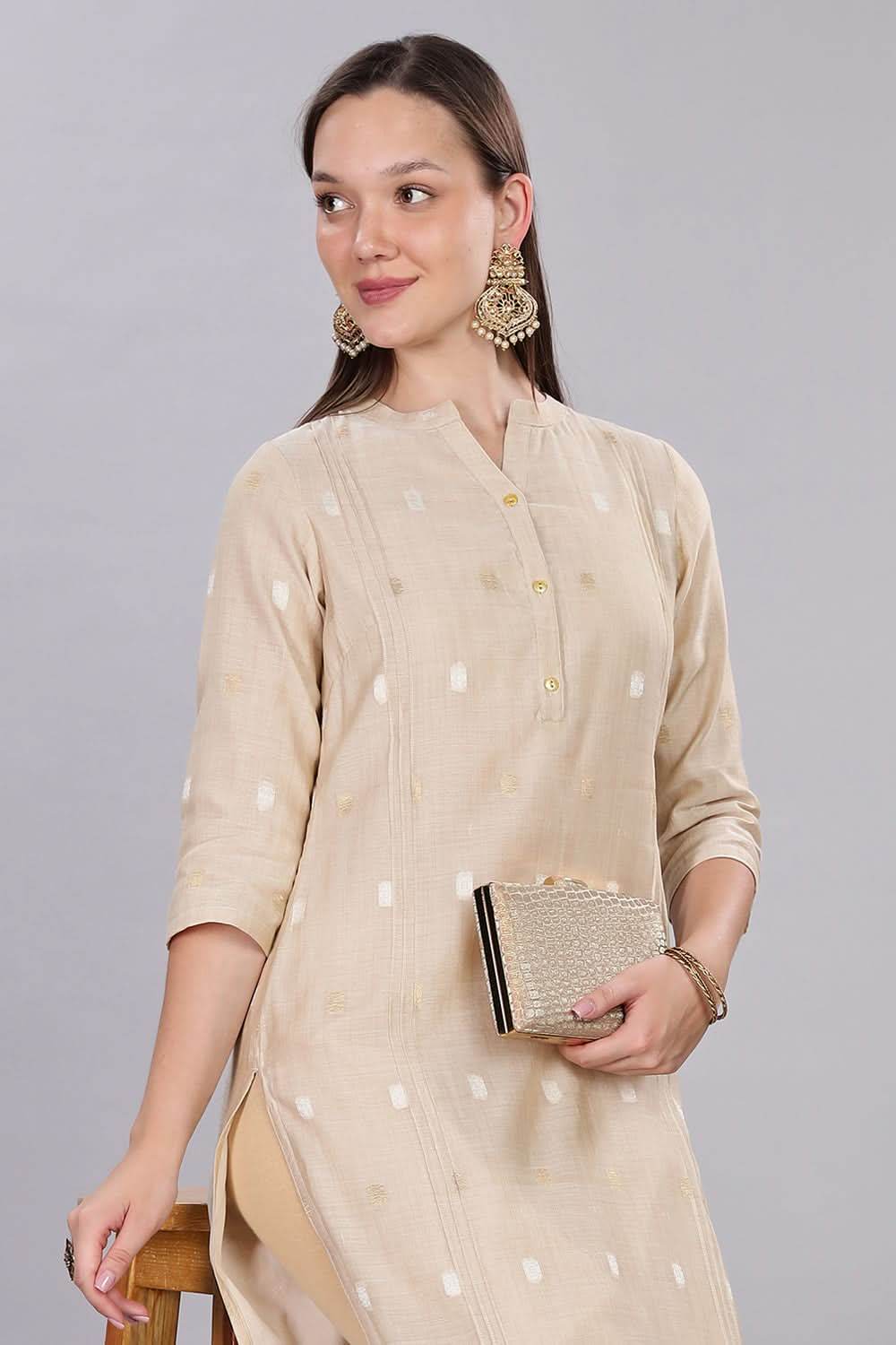 Mythri Comfortable Daily Wear Pintuck Top with Roll-Up Sleeves and Button Closure - Beige - KU63 - Naidu Hall Family Store