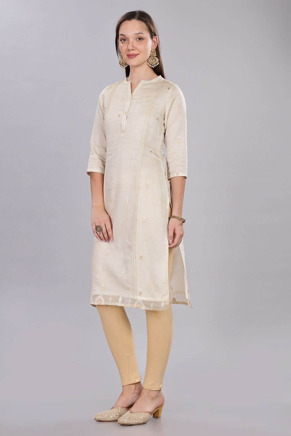 Mythri Comfortable Daily Wear Pintuck Top with Roll-Up Sleeves and Button Closure - Off White - KU63 - Naidu Hall Family Store