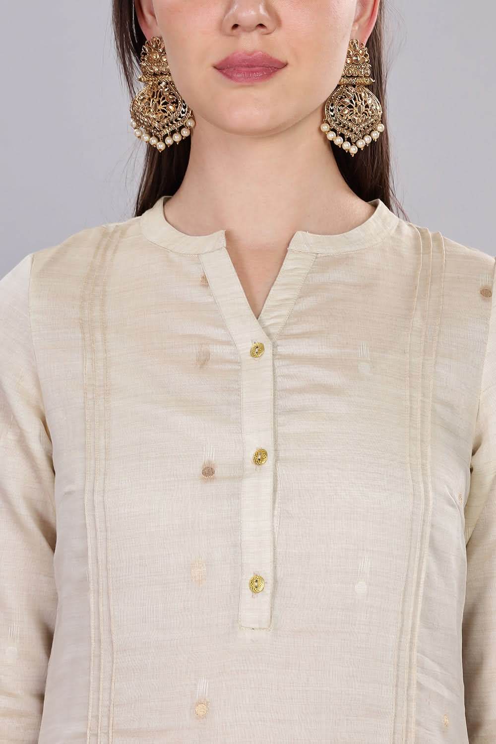Mythri Comfortable Daily Wear Pintuck Top with Roll-Up Sleeves and Button Closure - Off White - KU63 - Naidu Hall Family Store