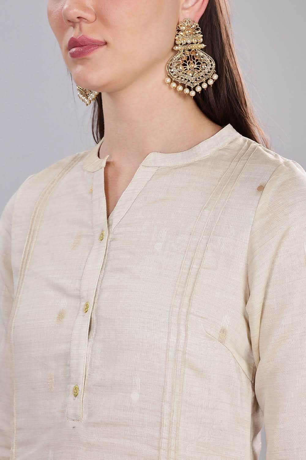 Mythri Comfortable Daily Wear Pintuck Top with Roll-Up Sleeves and Button Closure - Off White - KU63 - Naidu Hall Family Store