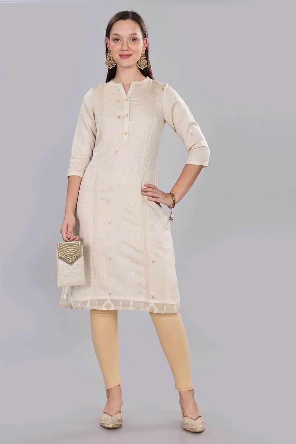 Mythri Comfortable Daily Wear Pintuck Top with Roll-Up Sleeves and Button Closure - Off White - KU63 - Naidu Hall Family Store