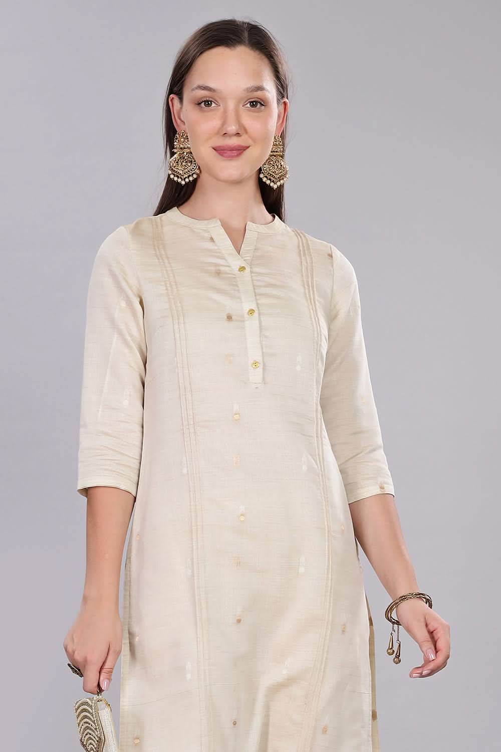 Mythri Comfortable Daily Wear Pintuck Top with Roll-Up Sleeves and Button Closure - Off White - KU63 - Naidu Hall Family Store