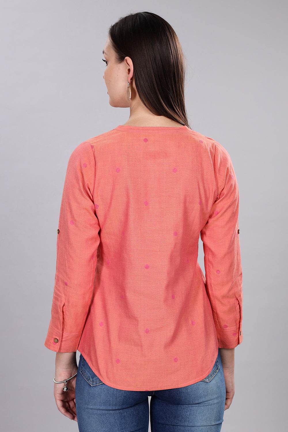 Mythri Women's Button-Down Top with Roll-Up Sleeves – Casual Wear Cotton Top - Light Pink - TO20 - Naidu Hall Family Store