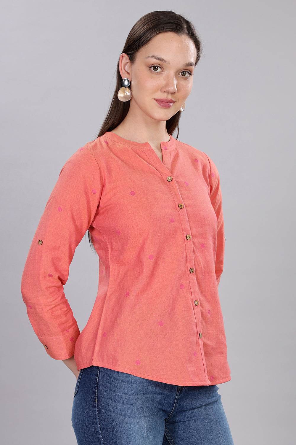 Mythri Women's Button-Down Top with Roll-Up Sleeves – Casual Wear Cotton Top - Light Pink - TO20 - Naidu Hall Family Store