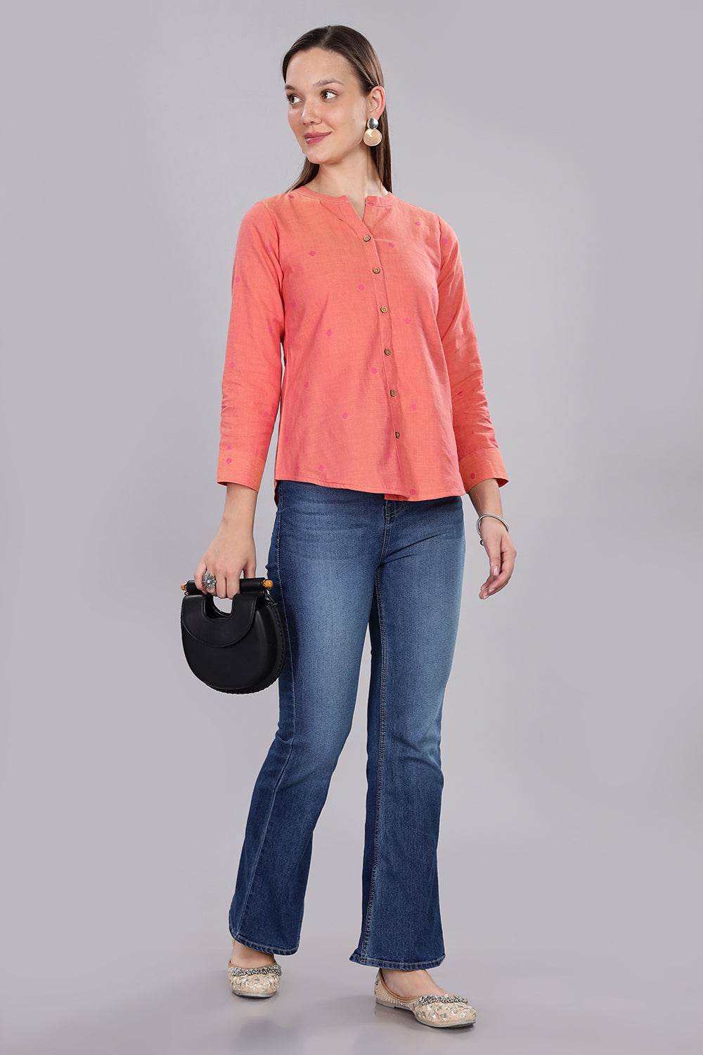 Mythri Women's Button-Down Top with Roll-Up Sleeves – Casual Wear Cotton Top - Light Pink - TO20 - Naidu Hall Family Store
