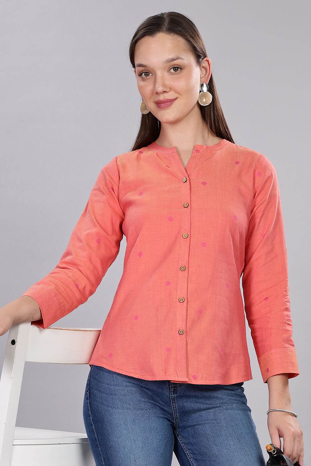 Mythri Women's Button-Down Top with Roll-Up Sleeves – Casual Wear Cotton Top - Light Pink - TO20 - Naidu Hall Family Store