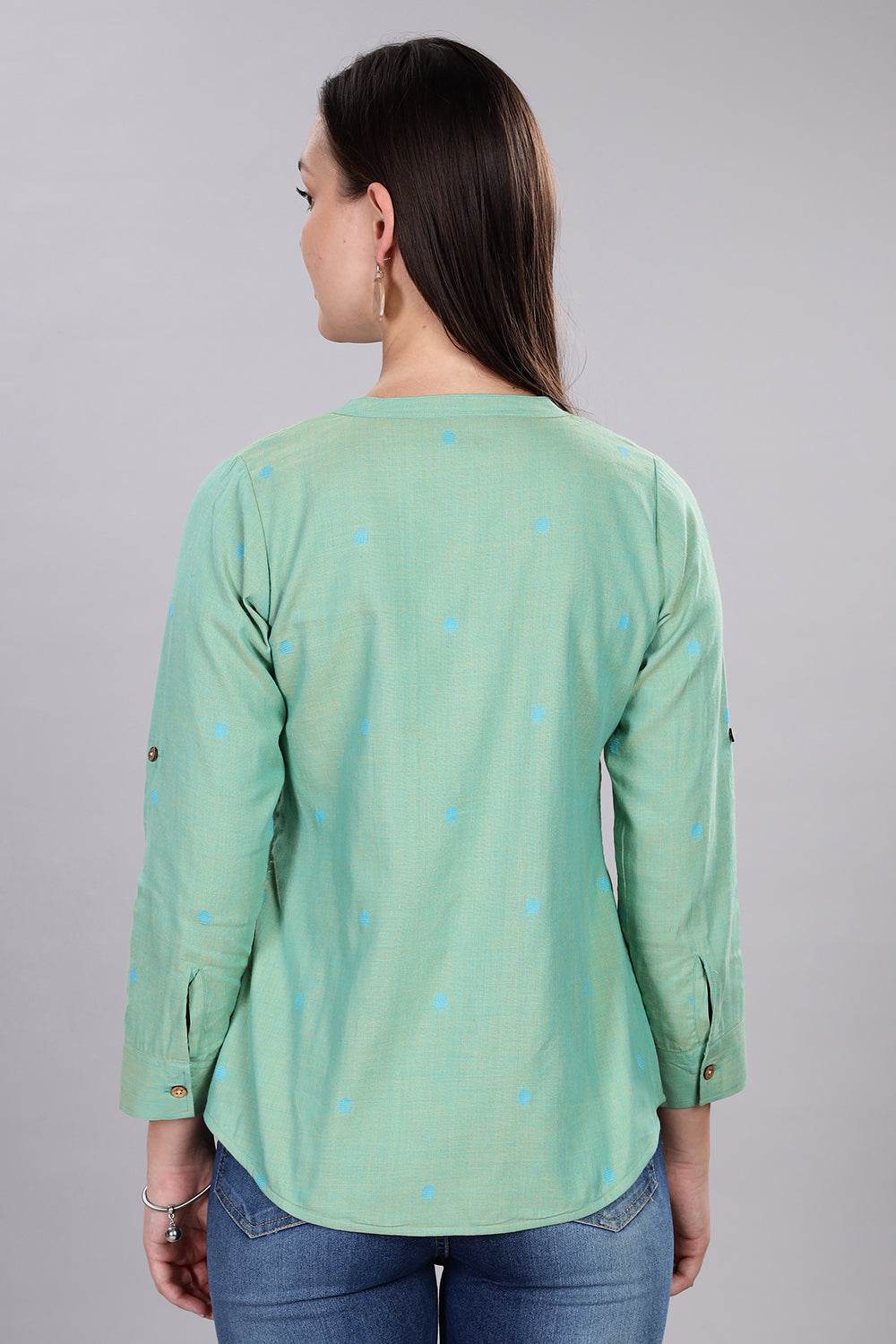Mythri Women's Cotton Flex Top – Short Kurta Style with Pintucks & Foldable Sleeves | Casual Ethnic Tops for Women - Parrot Green - TO20