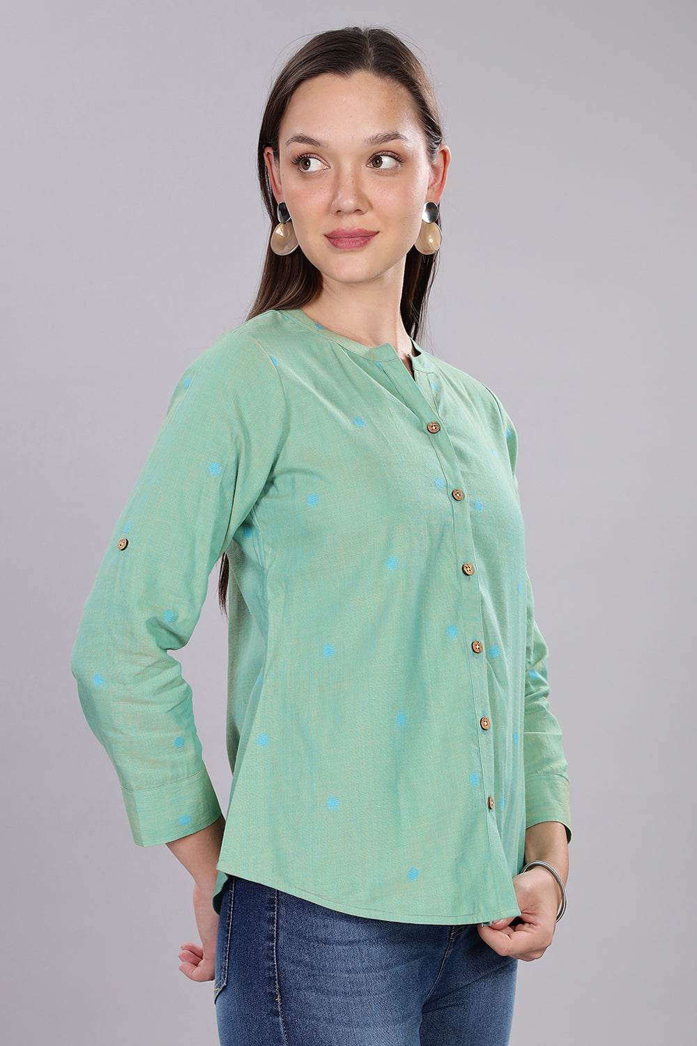 Mythri Women’s Cotton Flex Top – Short Kurta Style with Pintucks & Foldable Sleeves | Casual Ethnic Tops for Women - Parrot Green - TO20