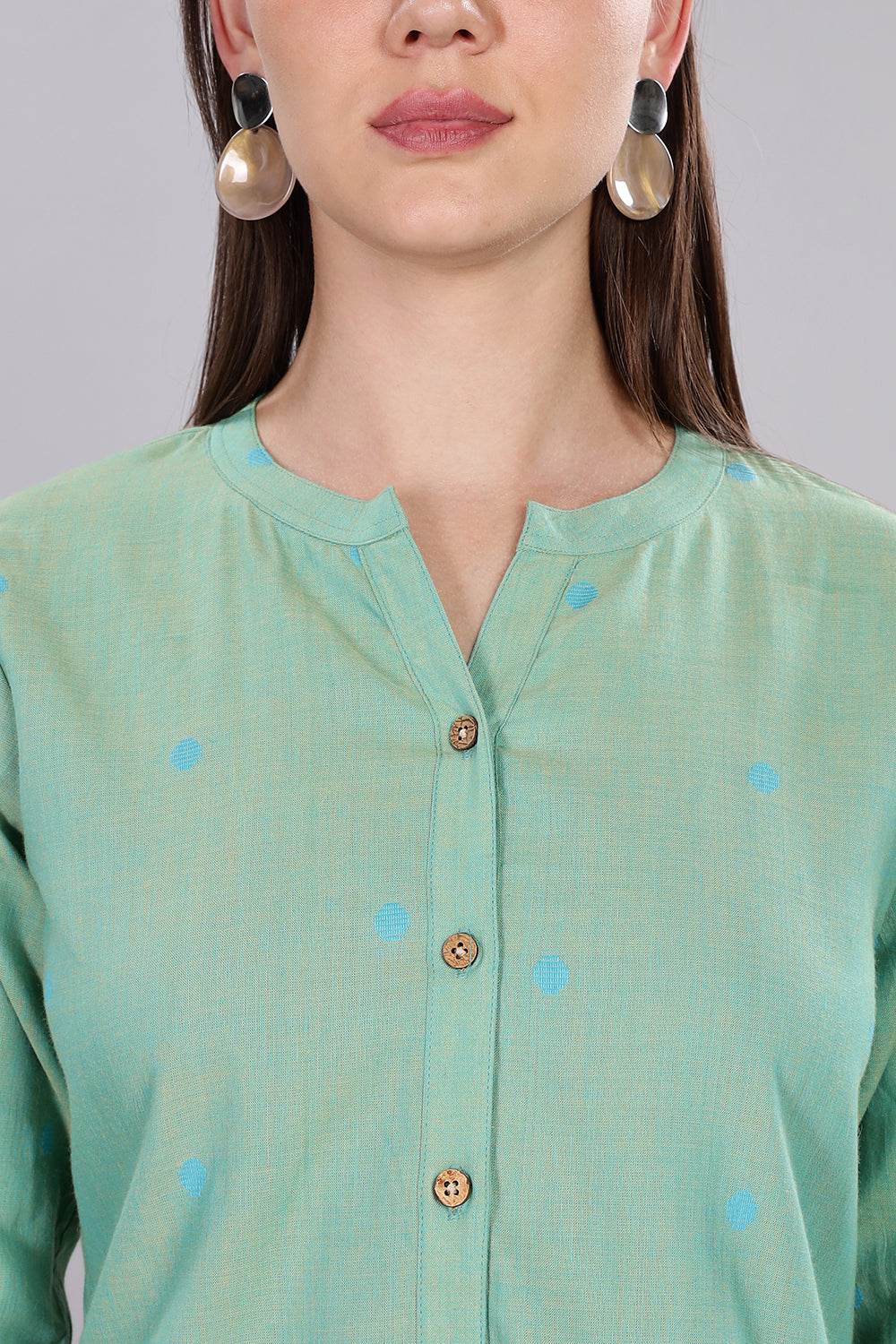 Mythri Women's Cotton Flex Top – Short Kurta Style with Pintucks & Foldable Sleeves | Casual Ethnic Tops for Women - Parrot Green - TO20