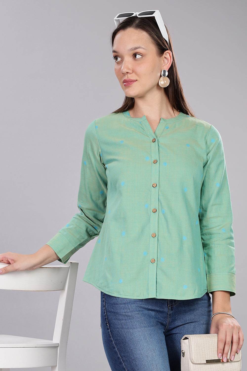 Mythri Women's Button-Down Top with Roll-Up Sleeves – Casual Wear Cotton Top - Sea Green - TO20 - Naidu Hall Family Store