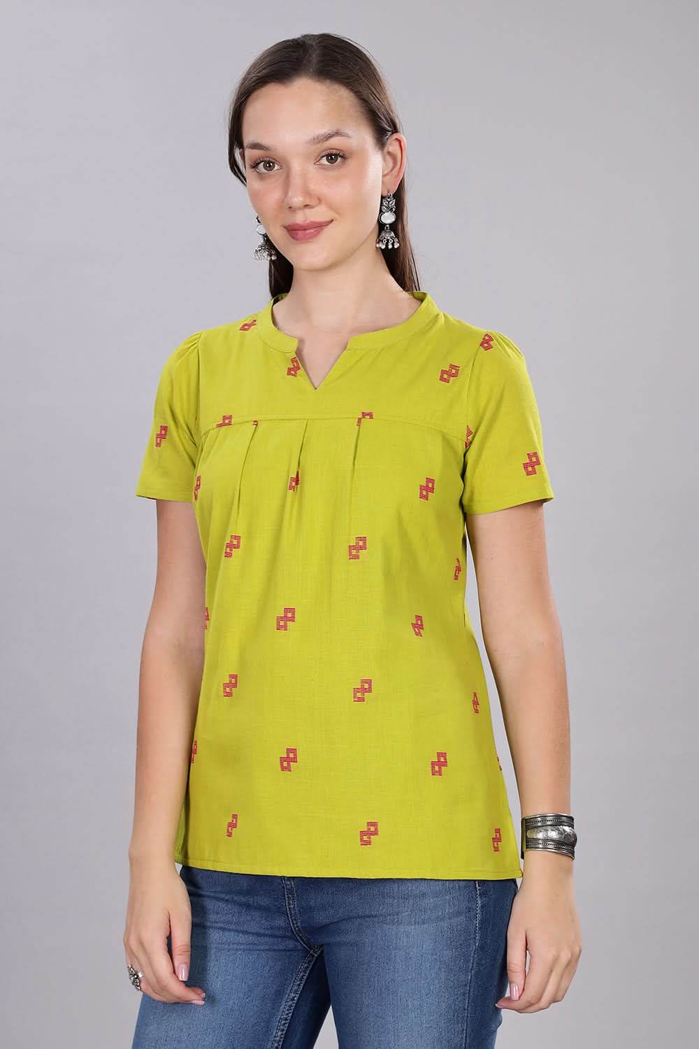 Mythri Women's Short Sleeve Pleated Top with Mandarin Collar for Everyday Wear - Light Green - TO08 - Naidu Hall Family Store