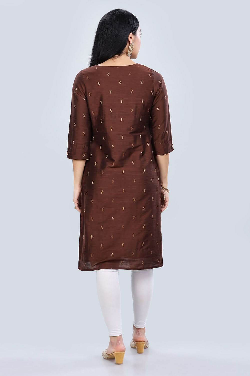 Mythri Asymmetric Neckline With 3/4Th Sleeve Straight Kurtha - Brown - KU05 - Naidu Hall Family Store