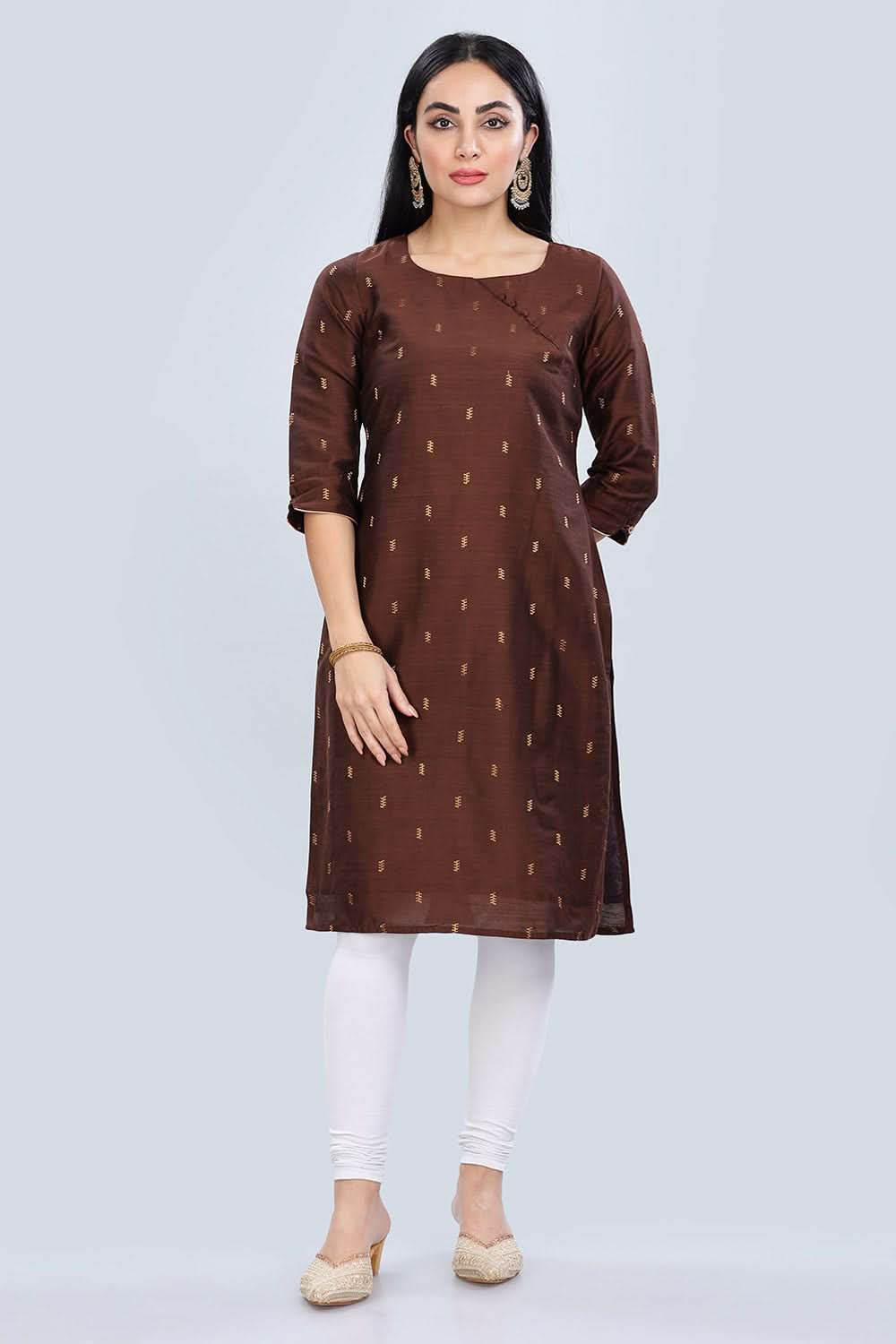 Mythri Asymmetric Neckline With 3/4Th Sleeve Straight Kurtha - Brown - KU05 - Naidu Hall Family Store