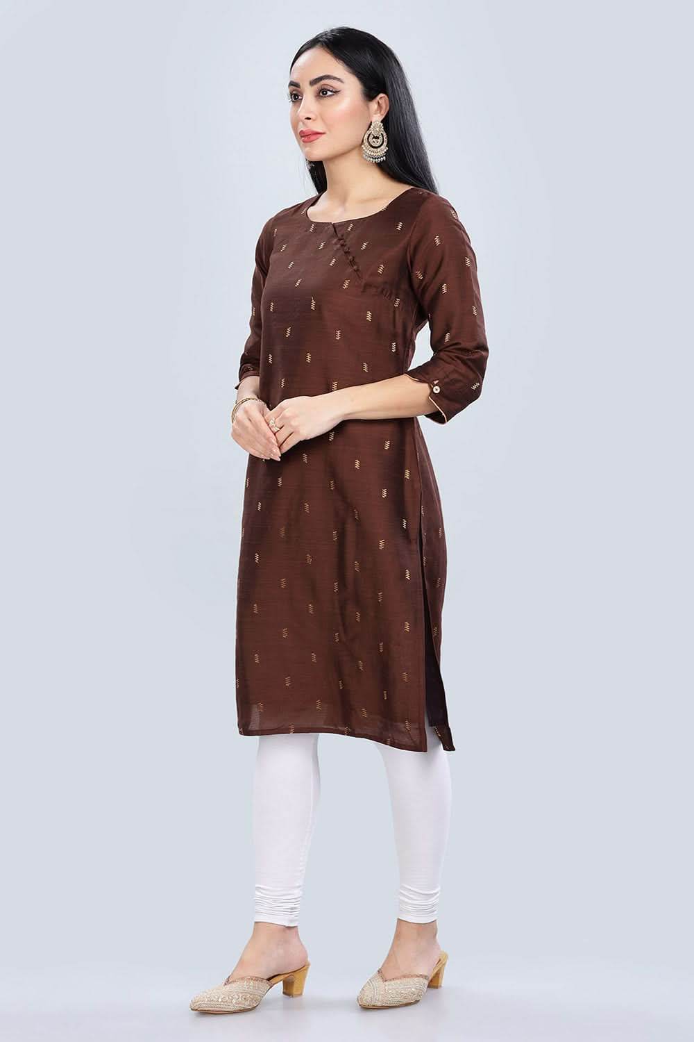 Mythri Asymmetric Neckline With 3/4Th Sleeve Straight Kurtha - Brown - KU05 - Naidu Hall Family Store