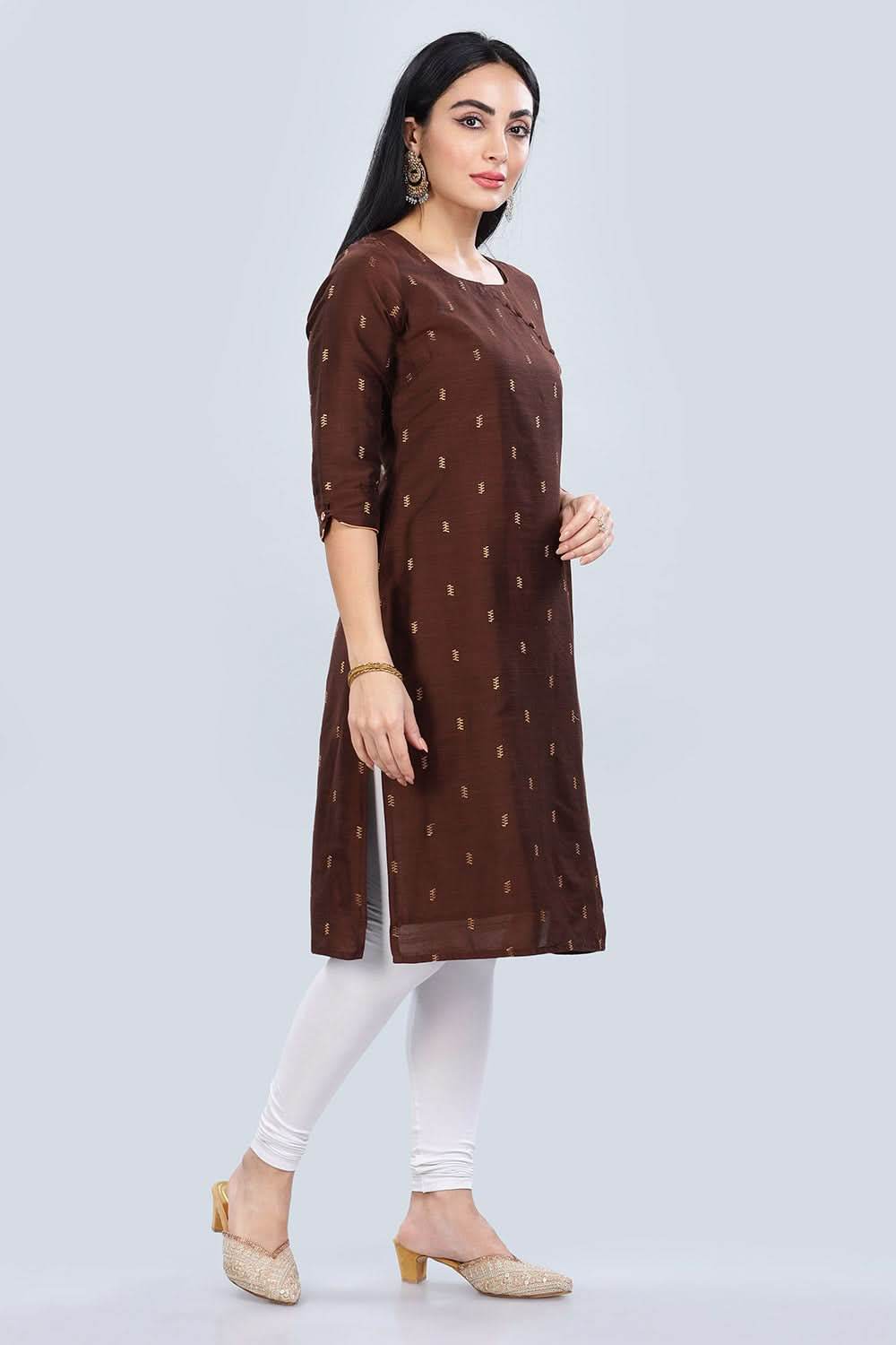 Mythri Asymmetric Neckline With 3/4Th Sleeve Straight Kurtha - Brown - KU05 - Naidu Hall Family Store