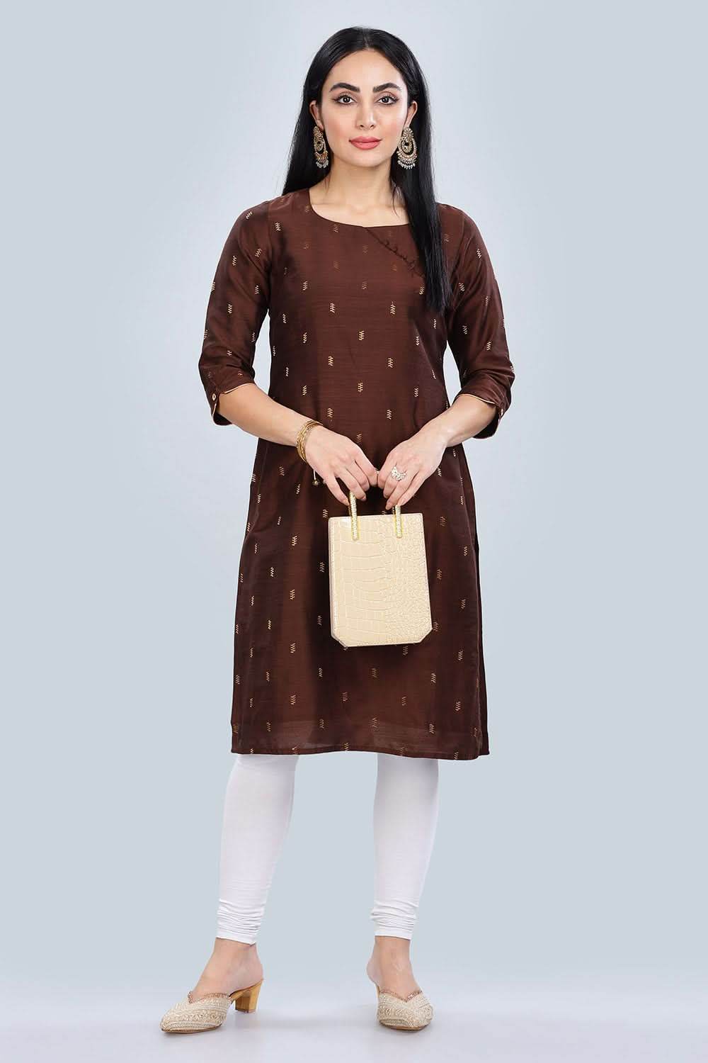 Mythri Asymmetric Neckline With 3/4Th Sleeve Straight Kurtha - Brown - KU05 - Naidu Hall Family Store