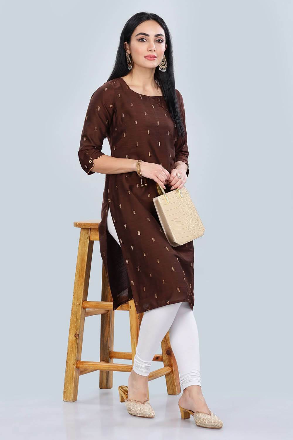 Mythri Asymmetric Neckline With 3/4Th Sleeve Straight Kurtha - Brown - KU05 - Naidu Hall Family Store