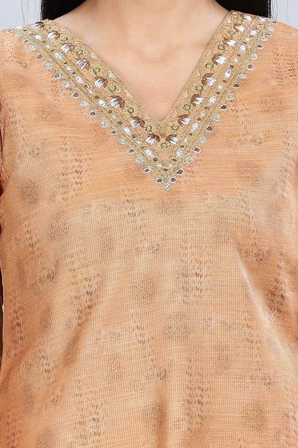 Mythri Trendy V Neck Printed Chanderi Kurta for Women with 3/4th Sleeves - Mustard - KU61 - Naidu Hall Family Store