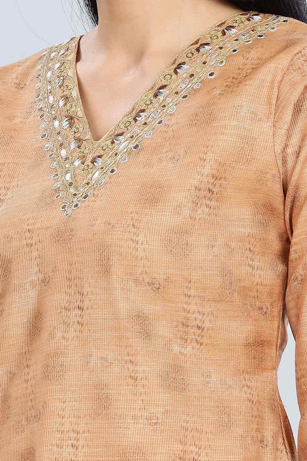 Mythri Trendy V Neck Printed Chanderi Kurta for Women with 3/4th Sleeves - Mustard - KU61 - Naidu Hall Family Store