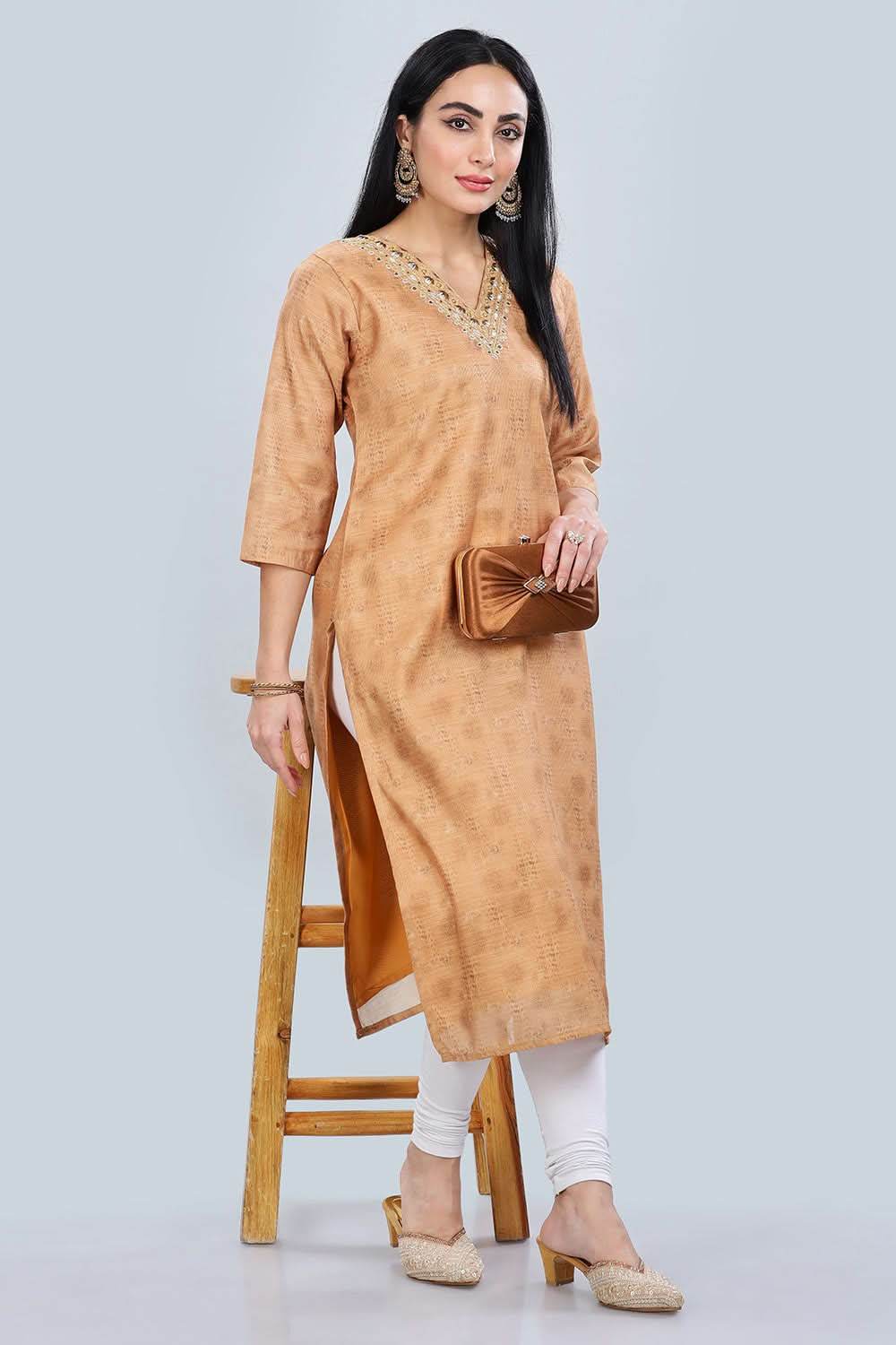 Mythri Trendy V Neck Printed Chanderi Kurta for Women with 3/4th Sleeves - Mustard - KU61 - Naidu Hall Family Store