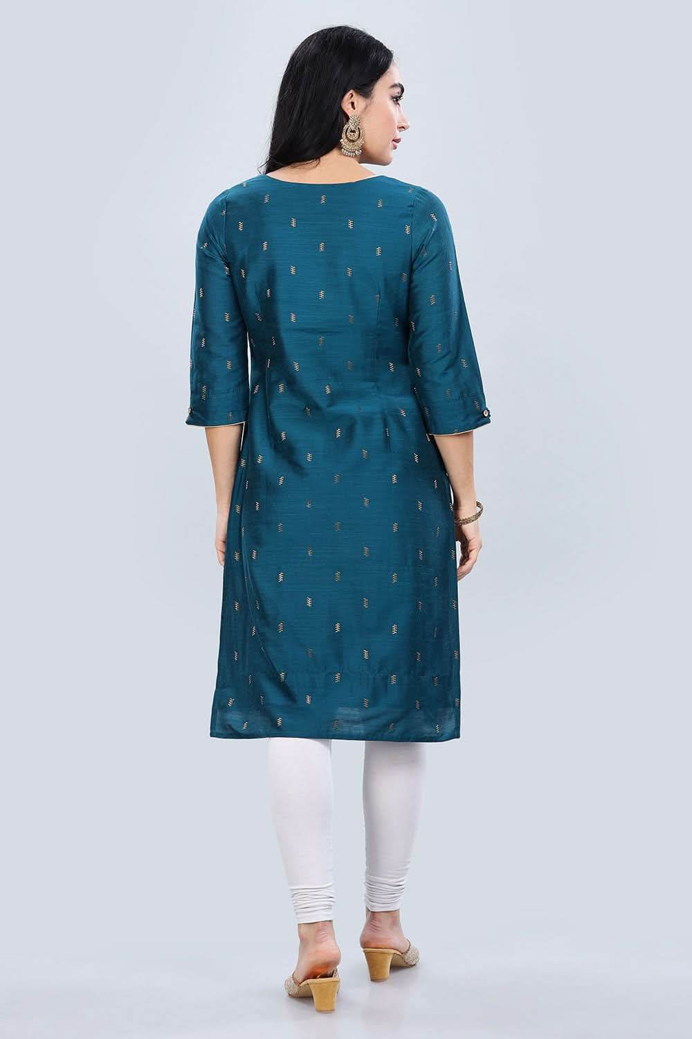 Mythri Asymmetric Neckline With 3/4Th Sleeve Straight Kurtha - Teal - KU04 - Naidu Hall Family Store