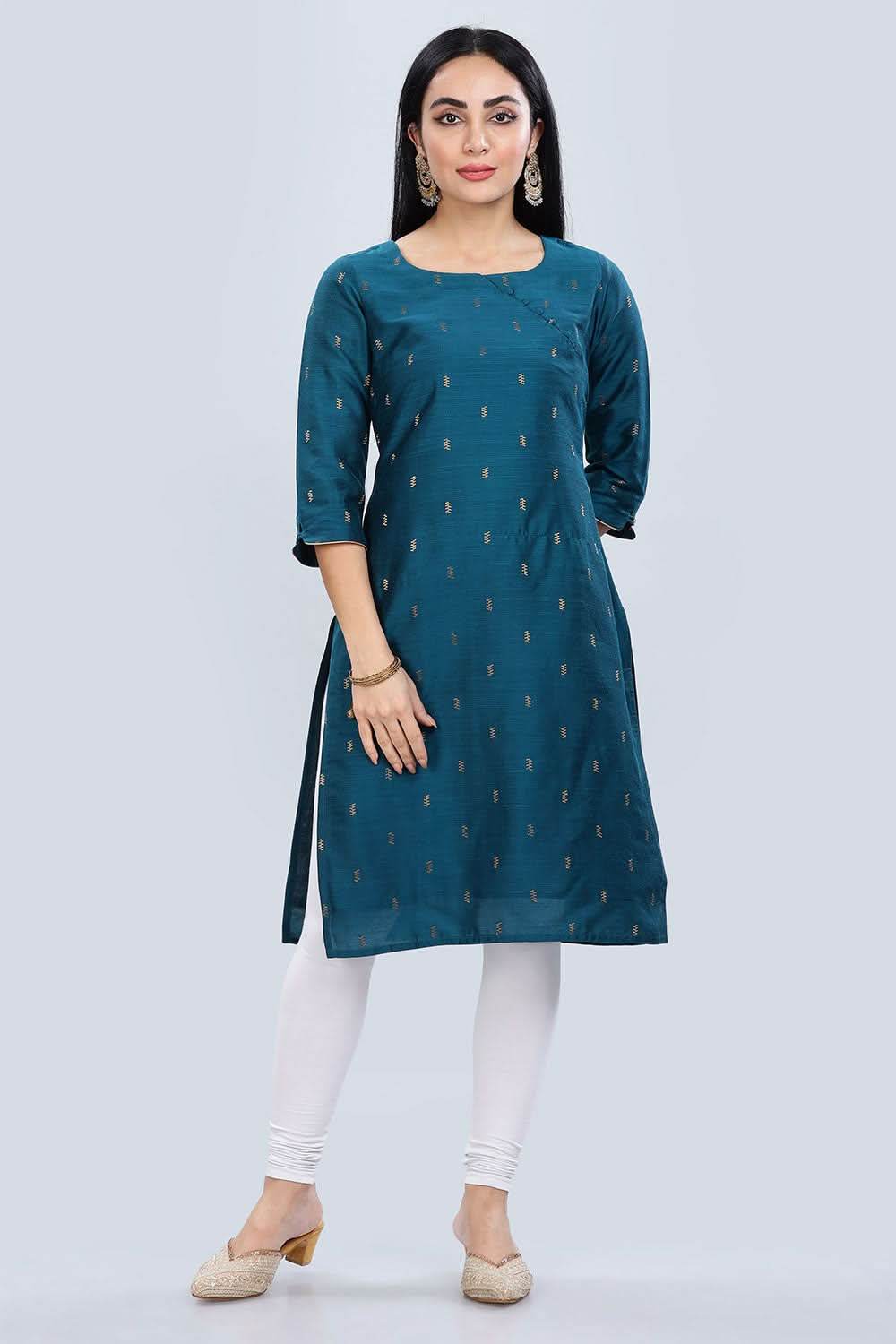 Mythri Asymmetric Neckline With 3/4Th Sleeve Straight Kurtha - Teal - KU04 - Naidu Hall Family Store