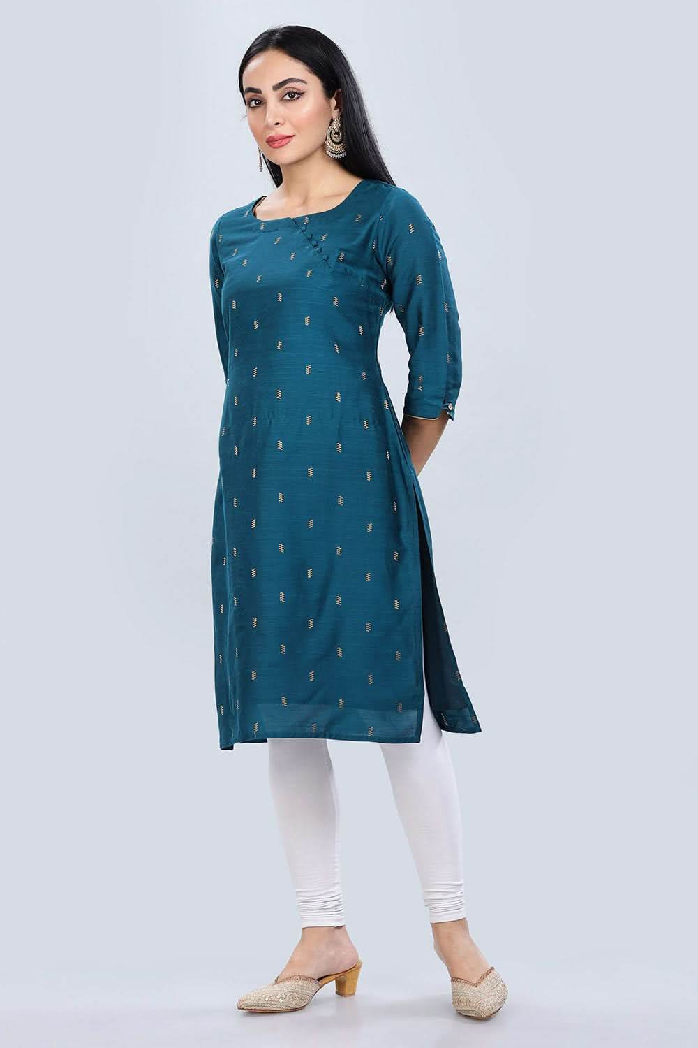 Mythri Asymmetric Neckline With 3/4Th Sleeve Straight Kurtha - Teal - KU04 - Naidu Hall Family Store