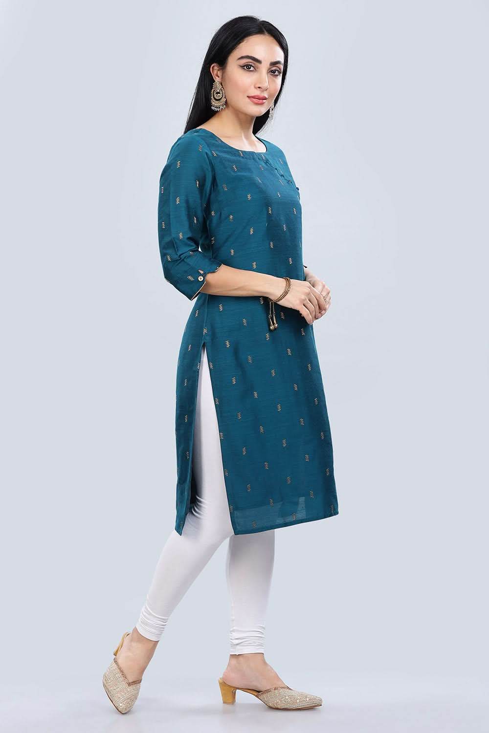 Mythri Asymmetric Neckline With 3/4Th Sleeve Straight Kurtha - Teal - KU04 - Naidu Hall Family Store