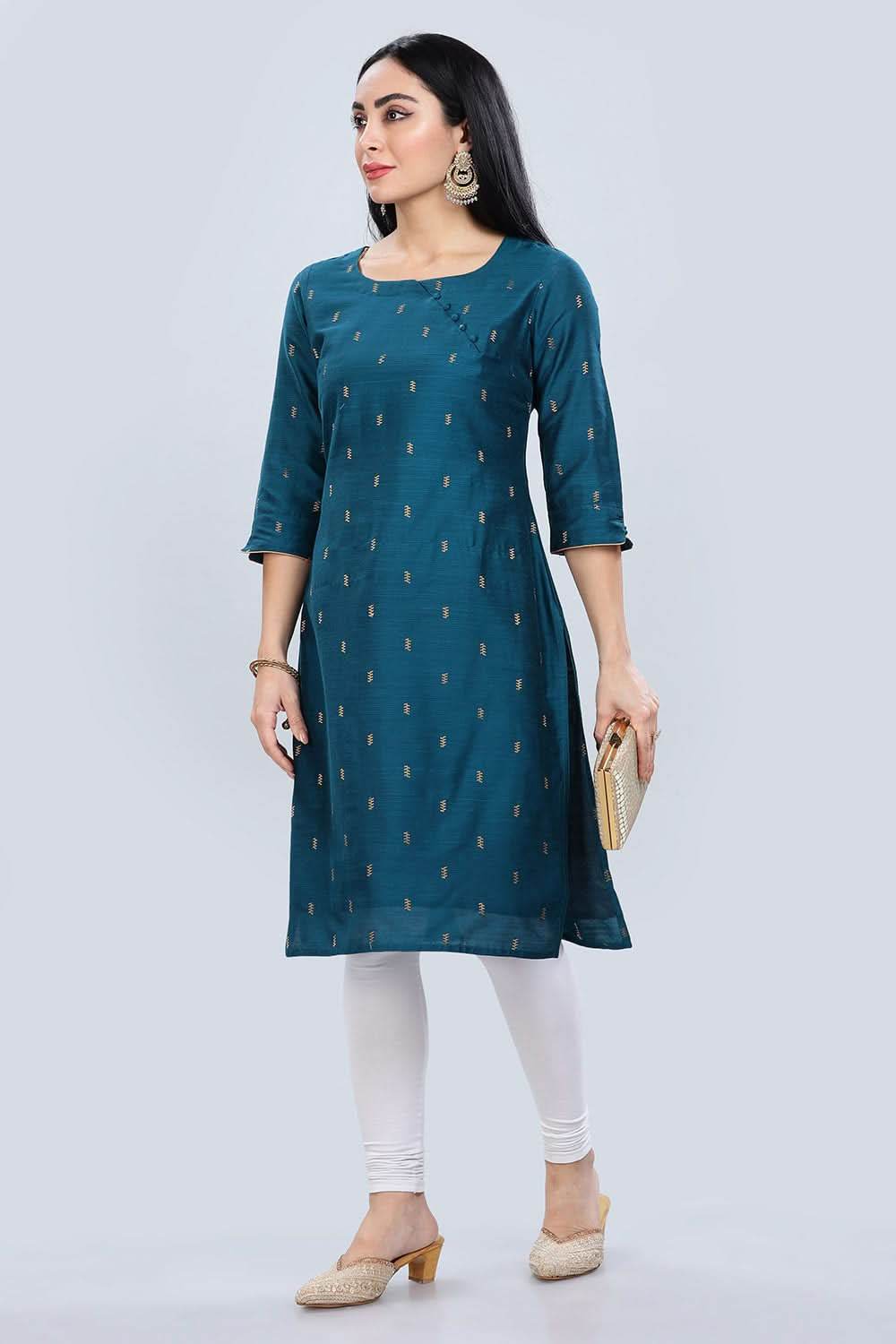Mythri Asymmetric Neckline With 3/4Th Sleeve Straight Kurtha - Teal - KU04 - Naidu Hall Family Store