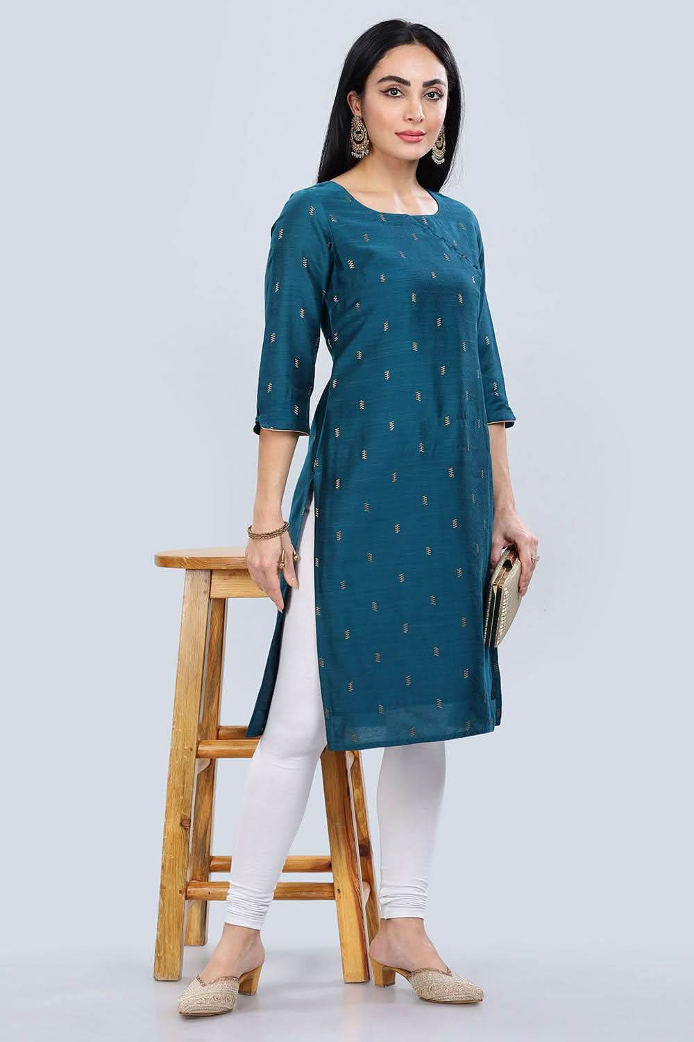Mythri Asymmetric Neckline With 3/4Th Sleeve Straight Kurtha - Teal - KU04 - Naidu Hall Family Store